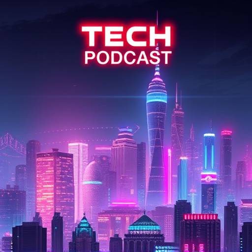 Artwork for 'Tech Frontiers' podcast, showcasing futuristic city skyline.
