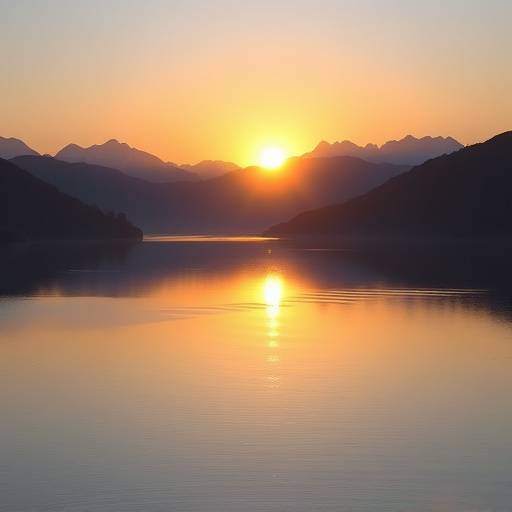 Podcast artwork for 'Mindful Moments' depicting a serene mountain landscape with a calm lake and a rising sun.