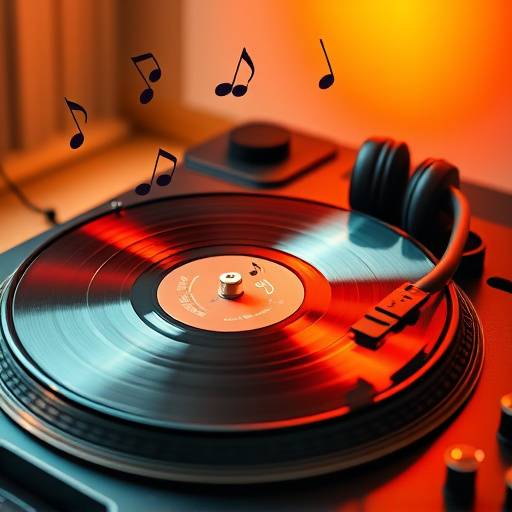 Podcast artwork for 'Music Mania' featuring a vinyl record spinning on a turntable with headphones and musical notes floating around.